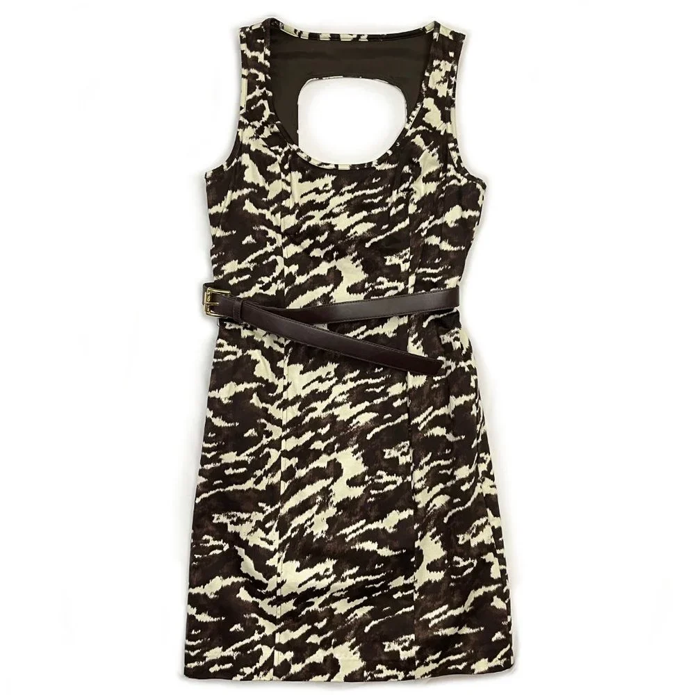 NEW Michael Kors Size 4 Brown Ivory Belted Cut Out Zip Cotton Blend Dress $150